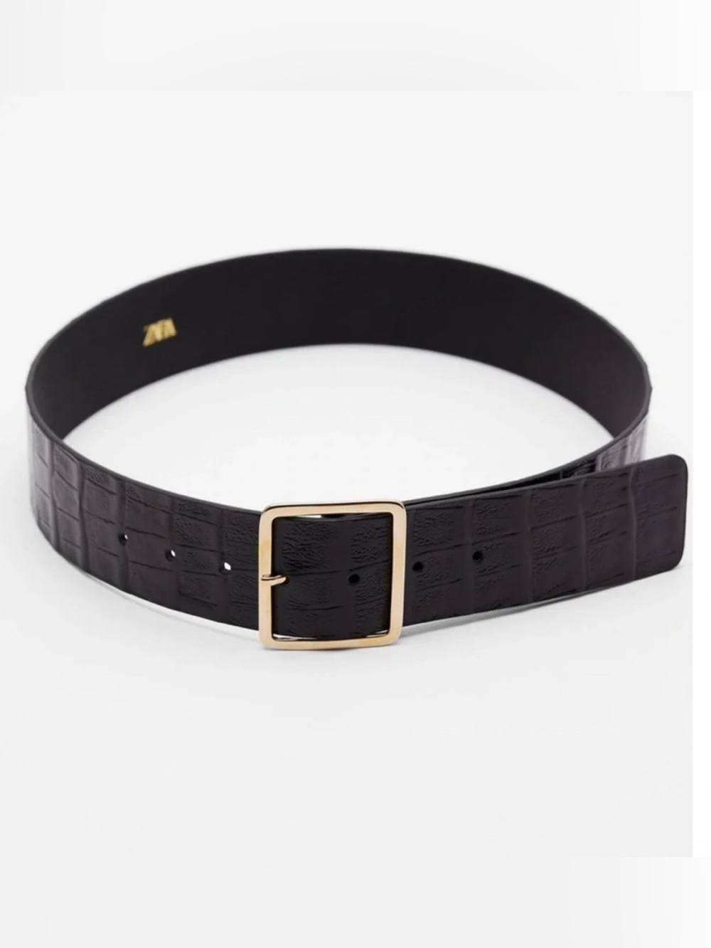 Zara Black Embossed Croc Leather Belt with Gold Buckle